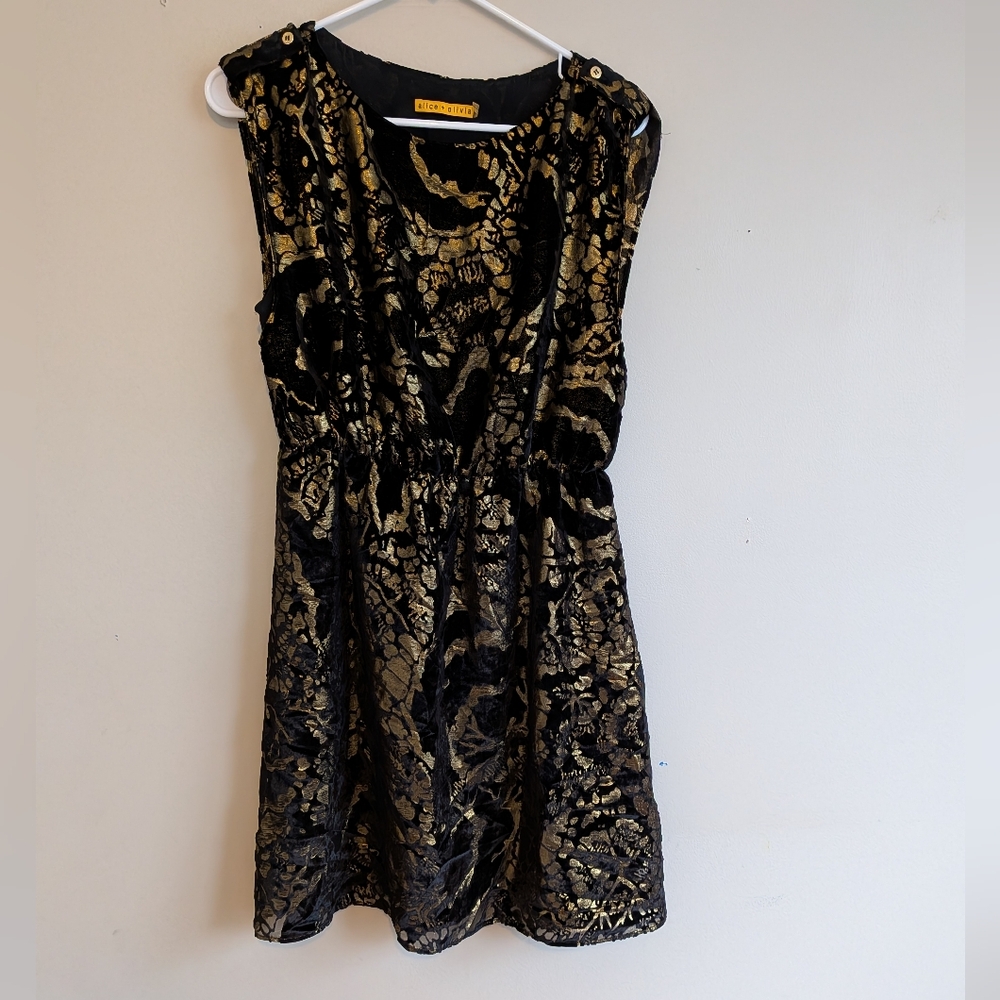 Alice + Olivia Black & Gold Metallic Velvet  Sleeveless Holiday Glam Party Dress
